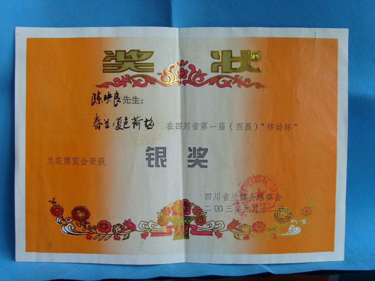 2003四川省第一届西昌“移动杯”兰花博览会-春兰复色荷梅-银奖